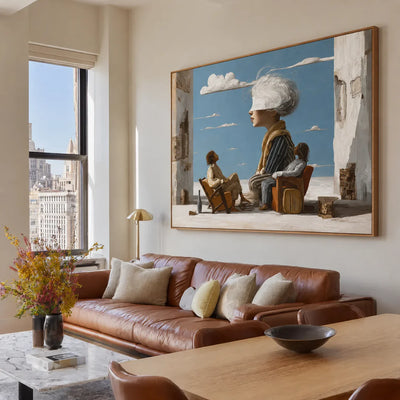 White-Haired Dreamer on a Blue-Sky Terrace Wall Art styled interior scene 2 | Olyrel