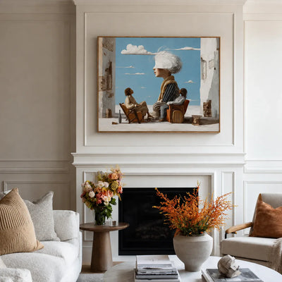 White-Haired Dreamer on a Blue-Sky Terrace Wall Art styled interior scene 5 | Olyrel
