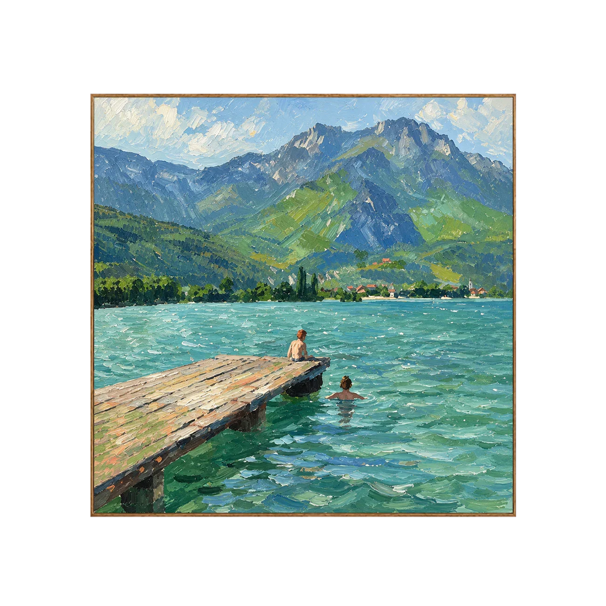 Swimmers by a Jetty on a Mountain Lake Wall Art | Olyrel