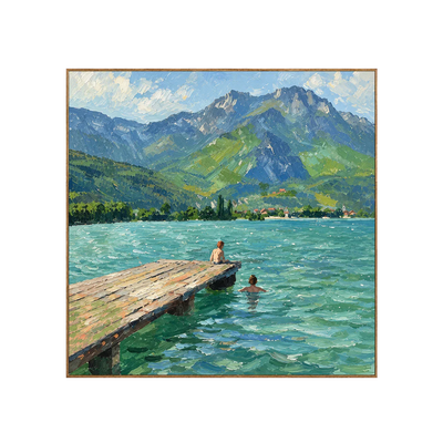 Swimmers by a Jetty on a Mountain Lake Wall Art | Olyrel