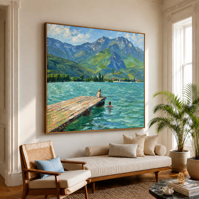 Swimmers by a Jetty on a Mountain Lake Wall Art styled interior scene 1 | Olyrel