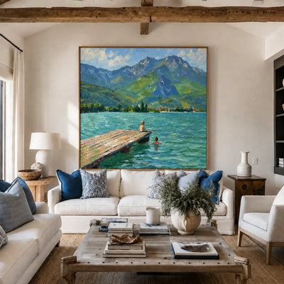Swimmers by a Jetty on a Mountain Lake Wall Art styled interior scene 2 | Olyrel
