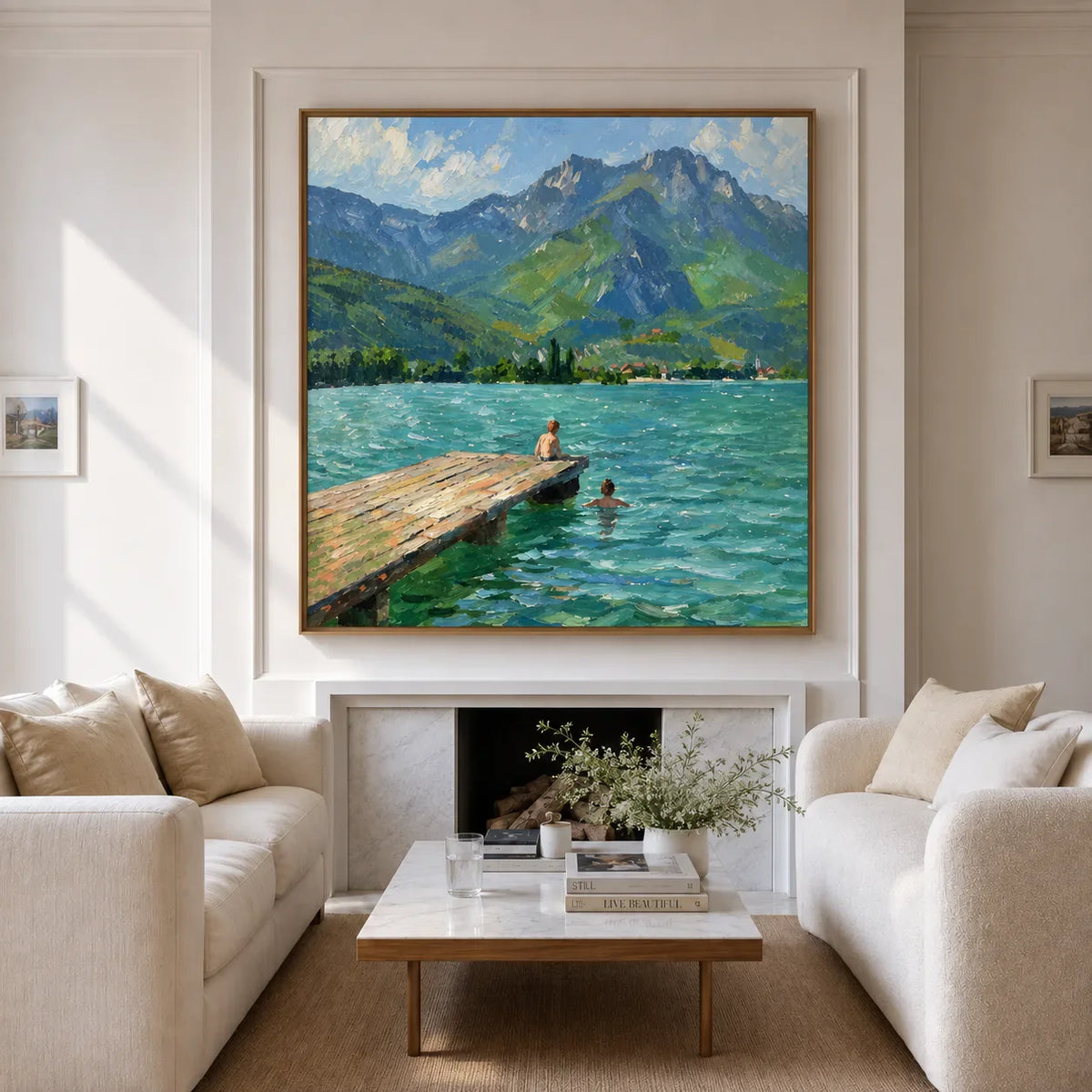 Swimmers by a Jetty on a Mountain Lake Wall Art styled interior scene 4 | Olyrel