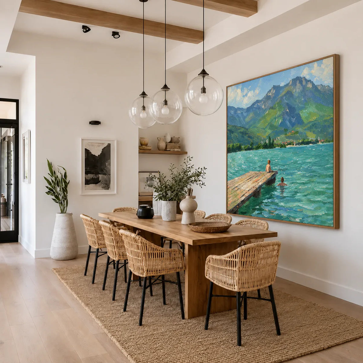 Swimmers by a Jetty on a Mountain Lake Wall Art styled interior scene 5 | Olyrel