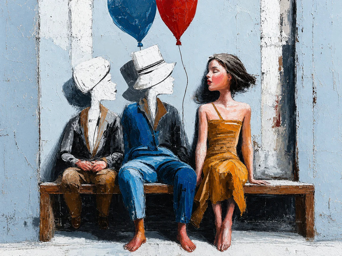 Bench Companions with Red and Blue Balloons Wall Art artwork view | Olyrel