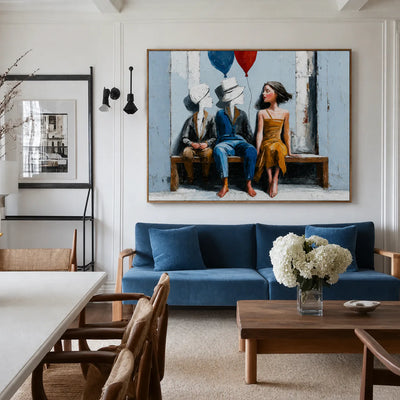 Bench Companions with Red and Blue Balloons Wall Art styled interior scene 1 | Olyrel