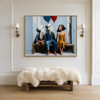 Bench Companions with Red and Blue Balloons Wall Art styled interior scene 2 | Olyrel