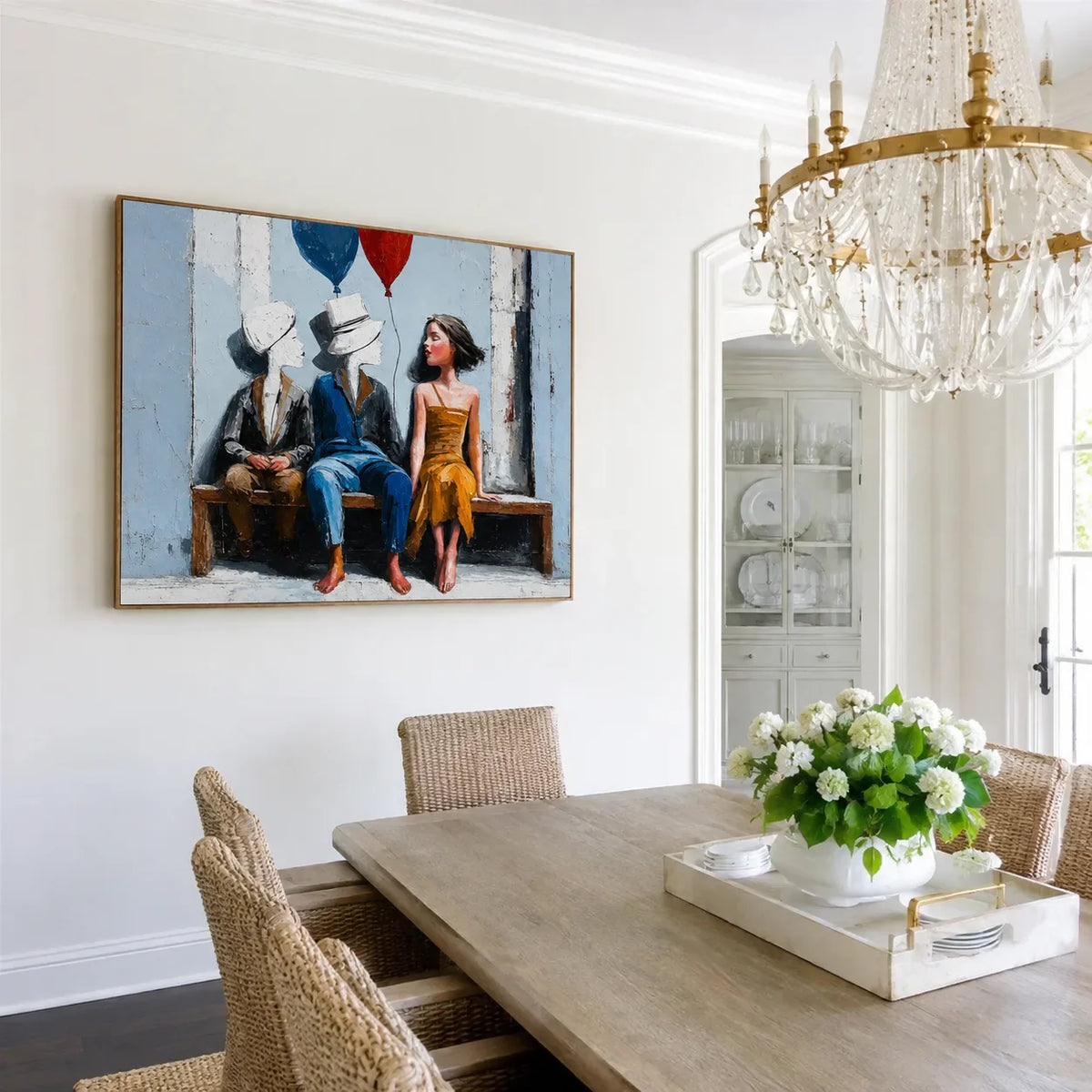 Bench Companions with Red and Blue Balloons Wall Art styled interior scene 3 | Olyrel