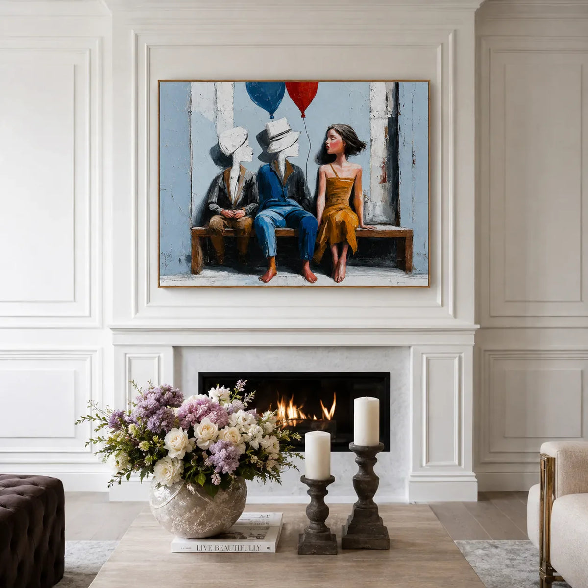 Bench Companions with Red and Blue Balloons Wall Art styled interior scene 4 | Olyrel