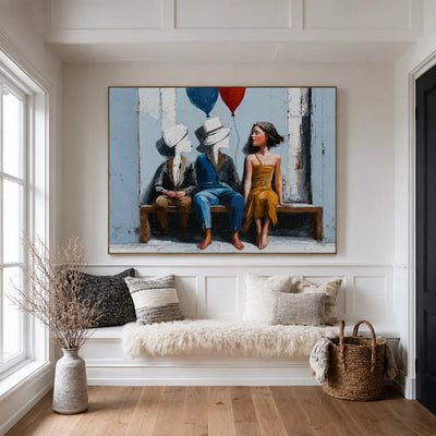 Bench Companions with Red and Blue Balloons Wall Art styled interior scene 5 | Olyrel