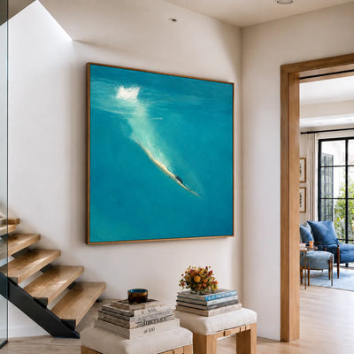 Golden Dive into Turquoise Water Wall Art styled interior scene 1 | Olyrel