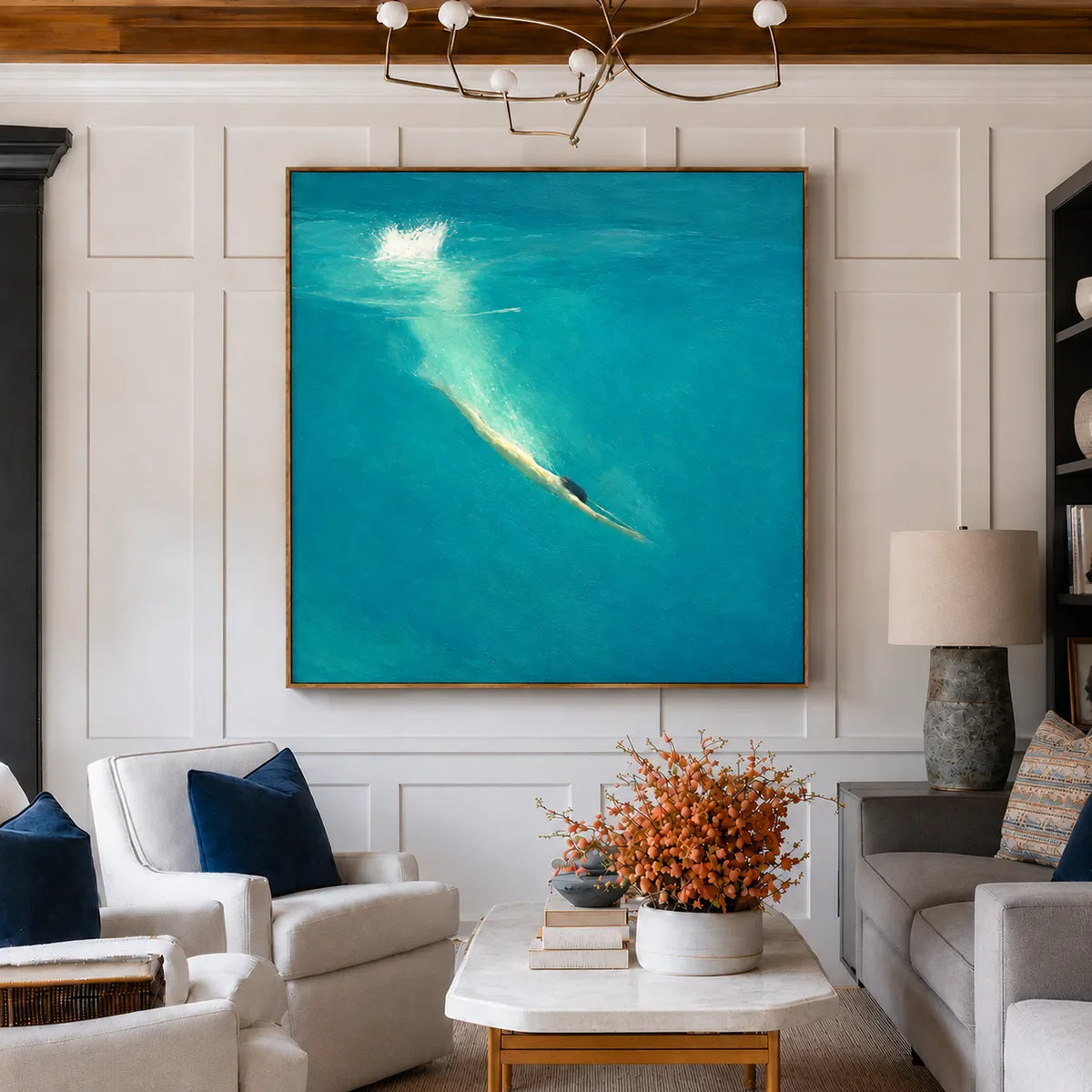 Golden Dive into Turquoise Water Wall Art styled interior scene 2 | Olyrel