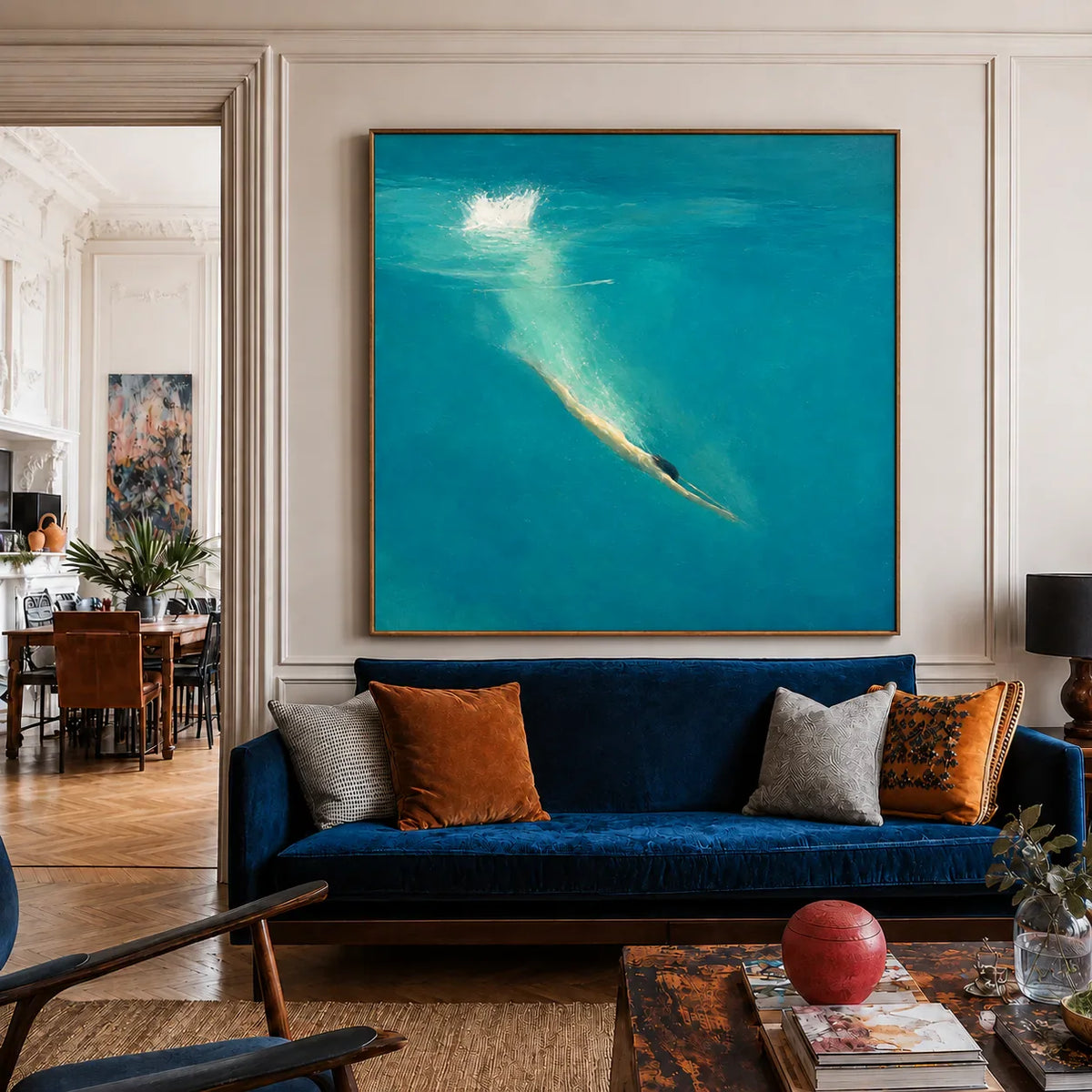Golden Dive into Turquoise Water Wall Art styled interior scene 3 | Olyrel