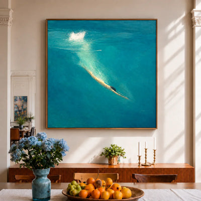 Golden Dive into Turquoise Water Wall Art styled interior scene 4 | Olyrel