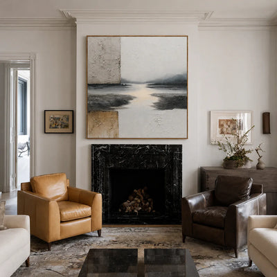 Quiet River Passage in Ivory and Charcoal Wall Art styled interior scene 1 | Olyrel