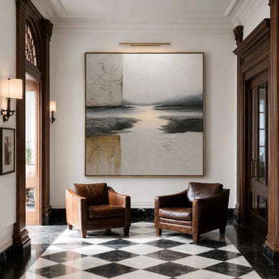 Quiet River Passage in Ivory and Charcoal Wall Art styled interior scene 2 | Olyrel