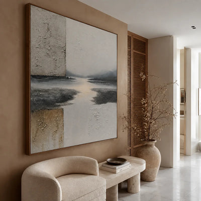 Quiet River Passage in Ivory and Charcoal Wall Art styled interior scene 3 | Olyrel