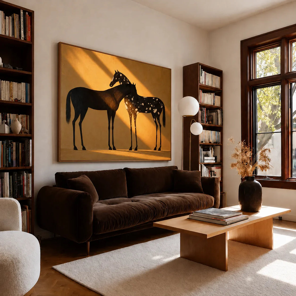 Two Horses in Amber Sunlight Wall Art styled interior scene 1 | Olyrel