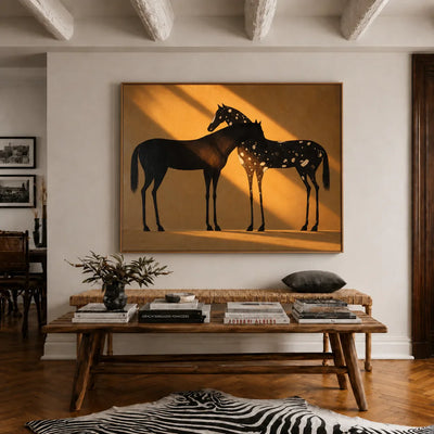 Two Horses in Amber Sunlight Wall Art styled interior scene 4 | Olyrel