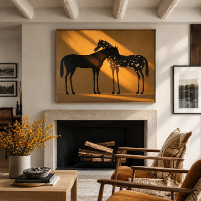 Two Horses in Amber Sunlight Wall Art styled interior scene 5 | Olyrel