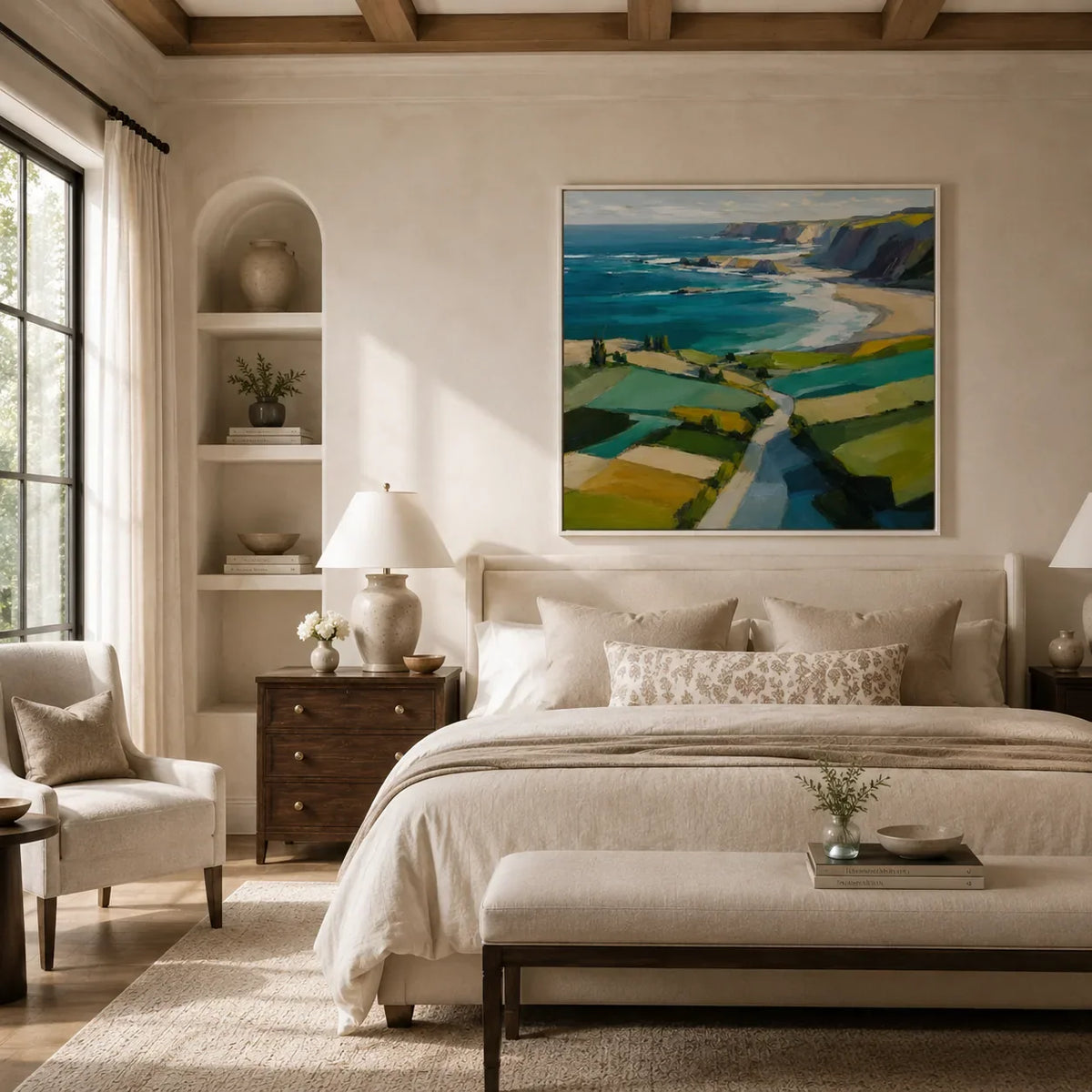 Turquoise Cliffs Coastal Wall Art styled in a modern living room | Olyrel