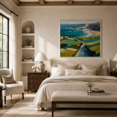 Turquoise Cliffs Coastal Wall Art styled in a modern living room | Olyrel