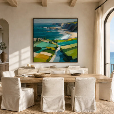 Turquoise Cliffs Coastal Wall Art displayed above a sofa in a neutral interior | Olyrel