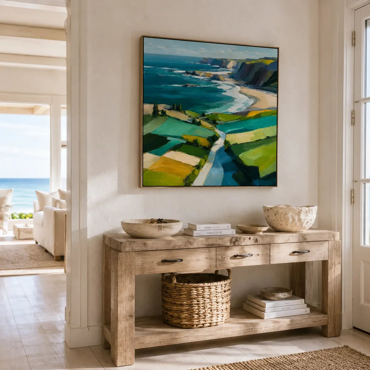 Turquoise Cliffs Coastal Wall Art styled in a contemporary entryway | Olyrel