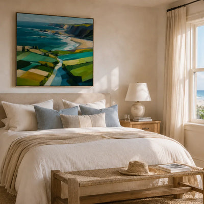 Turquoise Cliffs Coastal Wall Art styled in a contemporary entryway | Olyrel