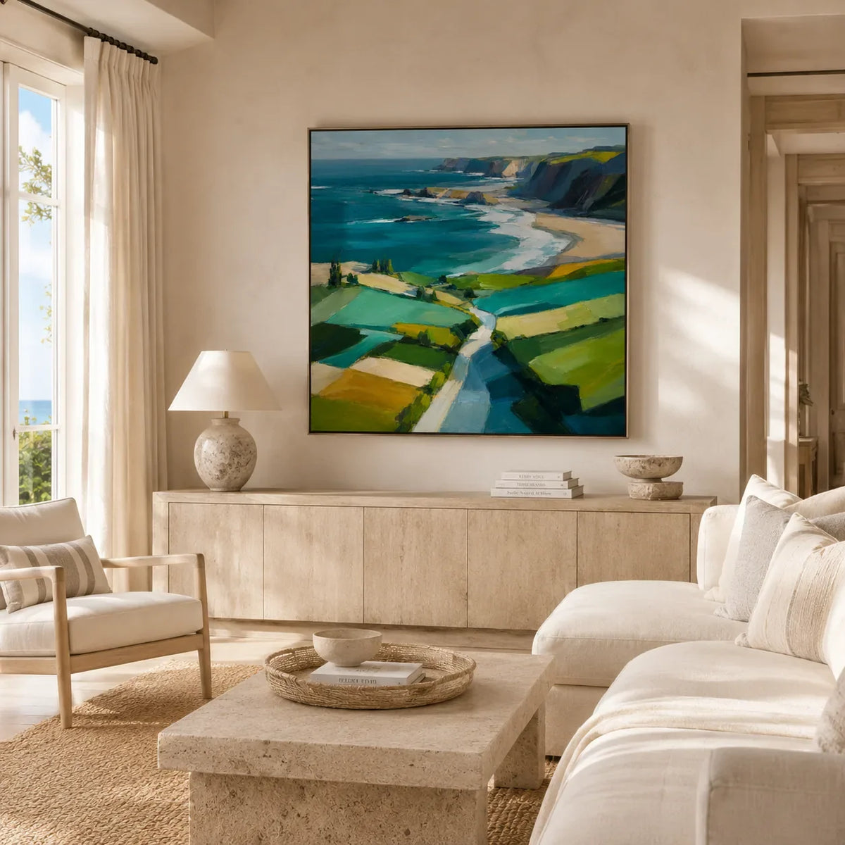 Turquoise Cliffs Coastal Wall Art styled in a modern living room | Olyrel