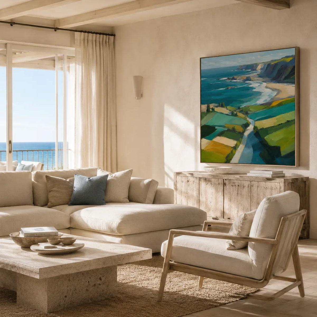 Turquoise Cliffs Coastal Wall Art shown in a quiet home office | Olyrel