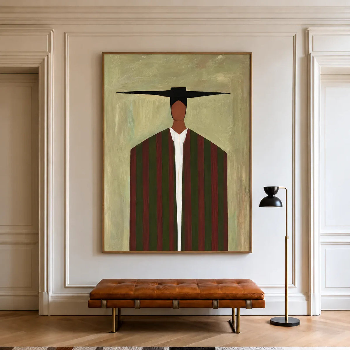 Wide Black Hat and Forest Stripes Portrait Wall Art styled interior scene 1 | Olyrel