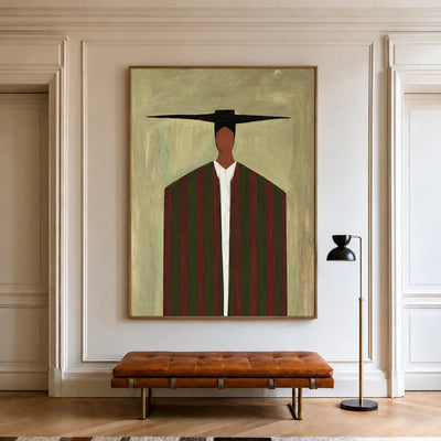 Wide Black Hat and Forest Stripes Portrait Wall Art styled interior scene 1 | Olyrel