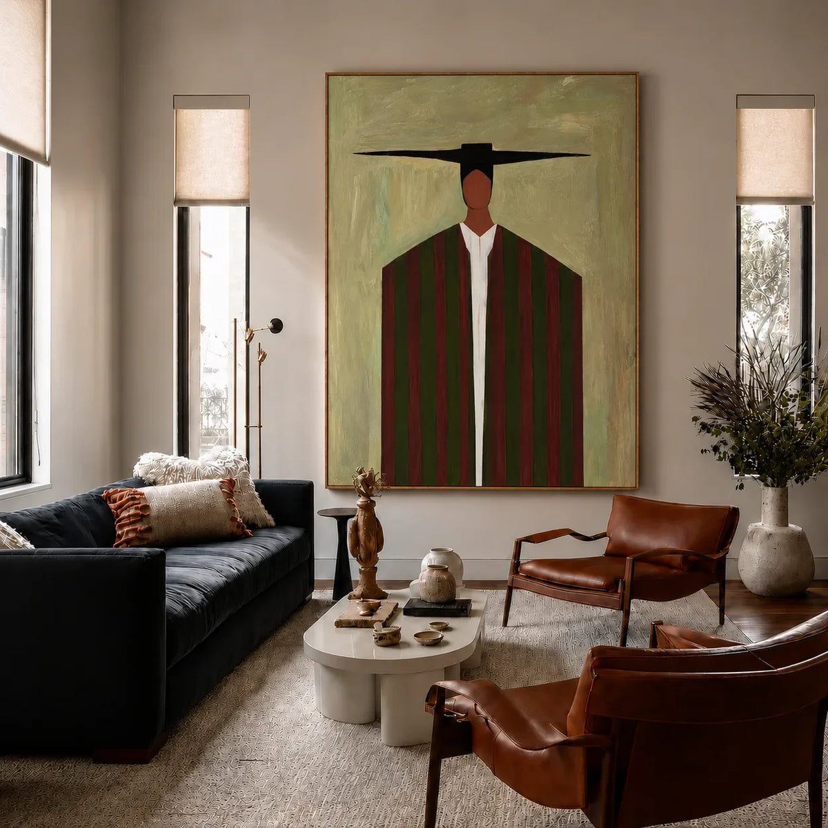 Wide Black Hat and Forest Stripes Portrait Wall Art styled interior scene 2 | Olyrel