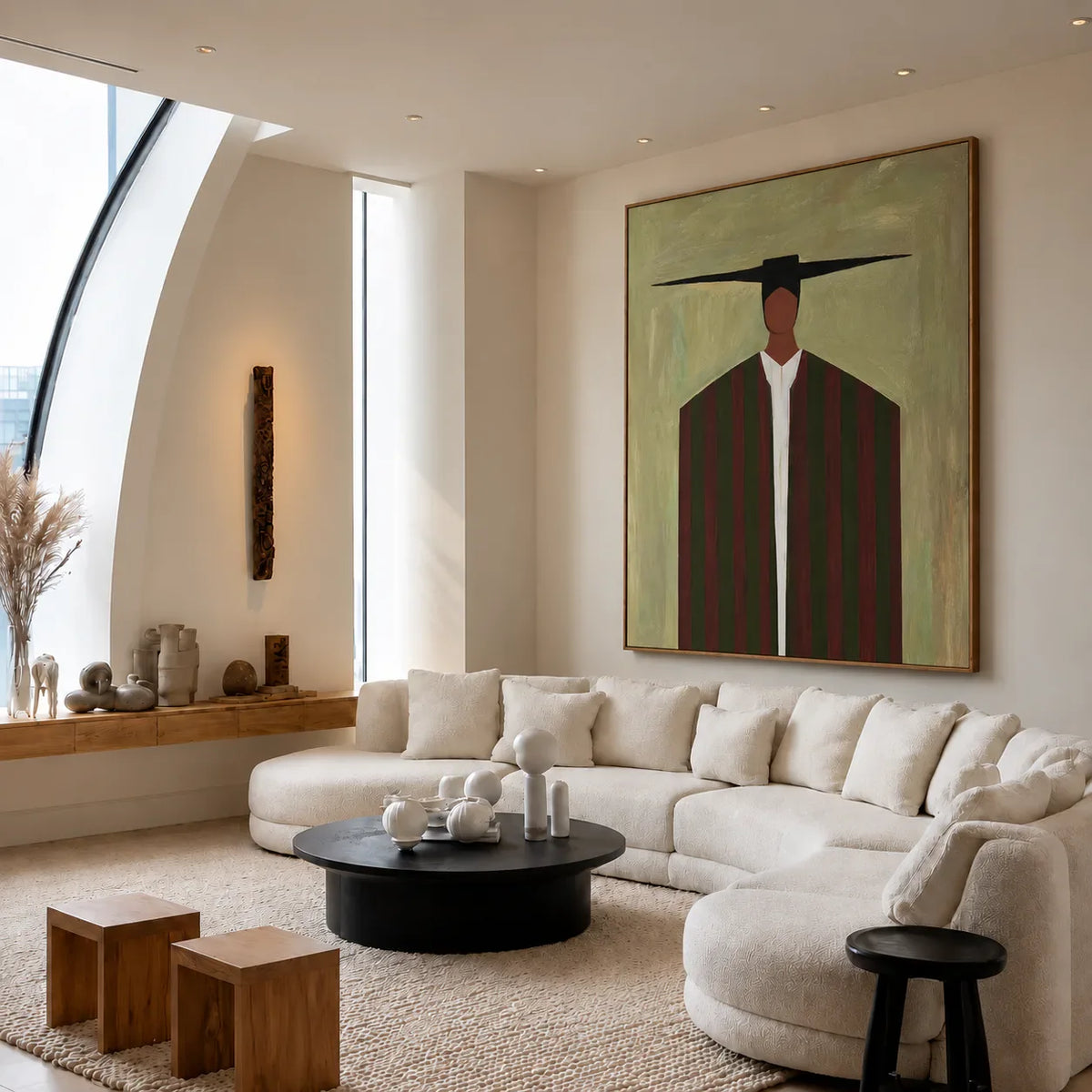 Wide Black Hat and Forest Stripes Portrait Wall Art styled interior scene 3 | Olyrel