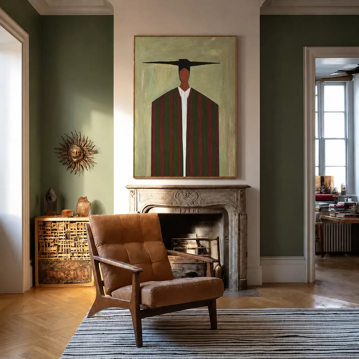 Wide Black Hat and Forest Stripes Portrait Wall Art styled interior scene 4 | Olyrel
