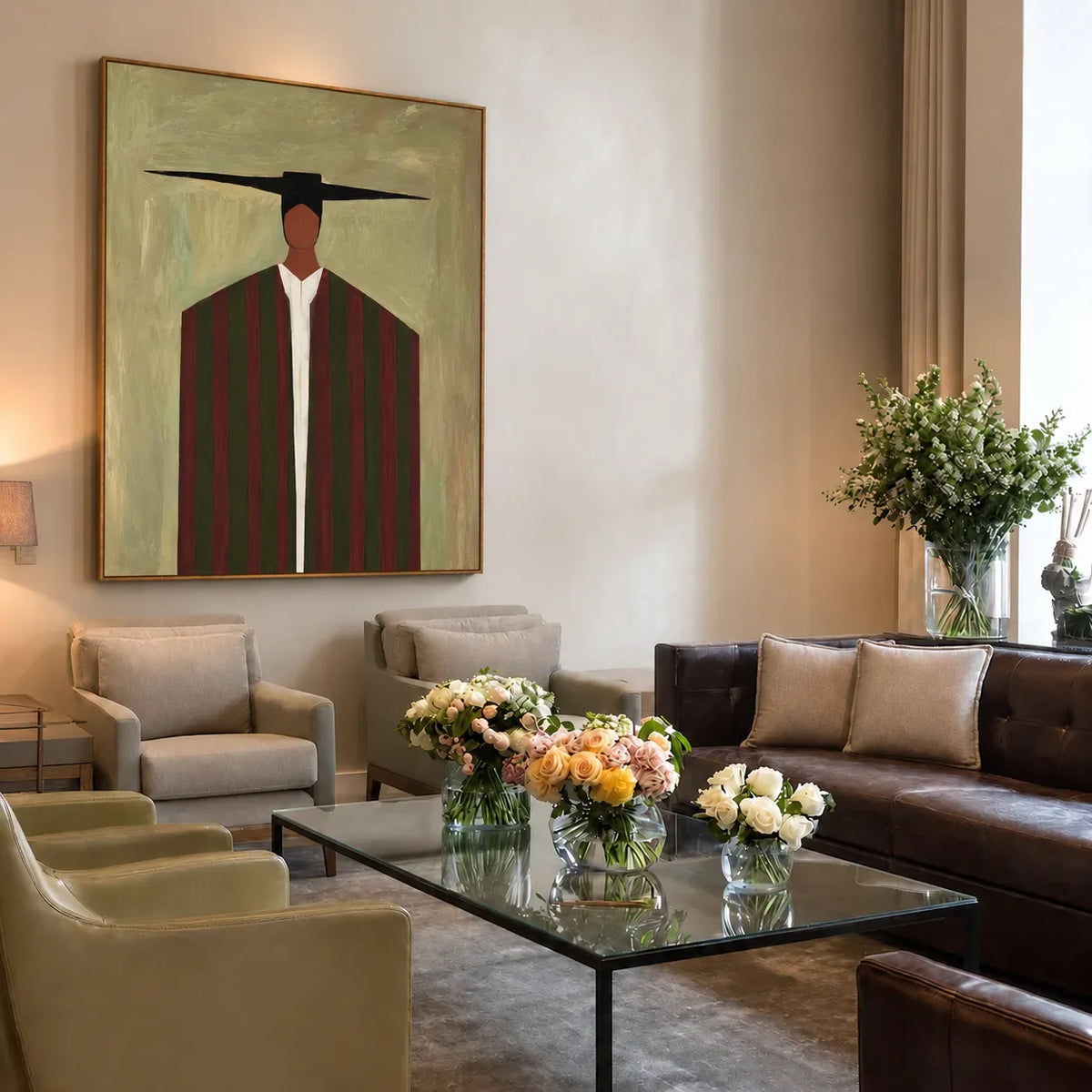 Wide Black Hat and Forest Stripes Portrait Wall Art styled interior scene 5 | Olyrel