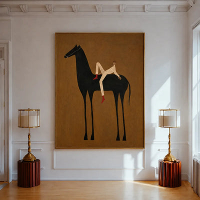Reclining Rider on a Tall Black Horse Wall Art styled interior scene 1 | Olyrel