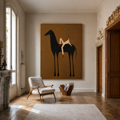 Reclining Rider on a Tall Black Horse Wall Art styled interior scene 2 | Olyrel