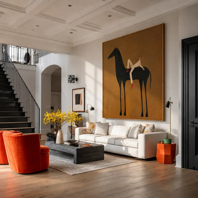 Reclining Rider on a Tall Black Horse Wall Art styled interior scene 3 | Olyrel