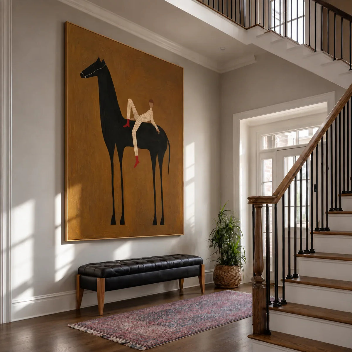 Reclining Rider on a Tall Black Horse Wall Art styled interior scene 4 | Olyrel