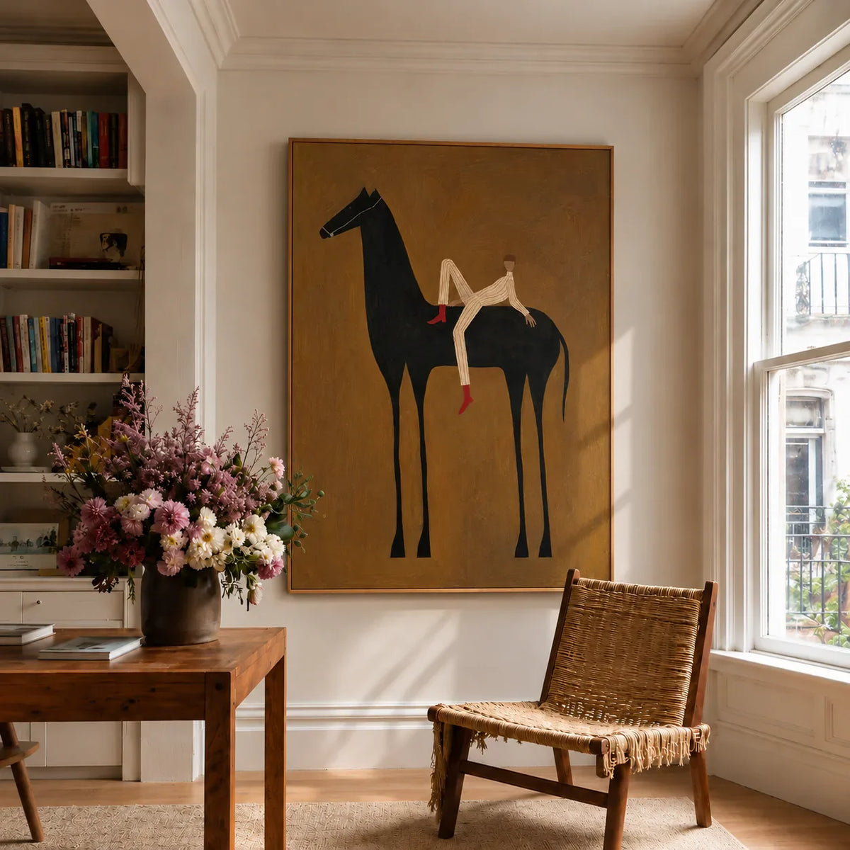 Reclining Rider on a Tall Black Horse Wall Art styled interior scene 5 | Olyrel