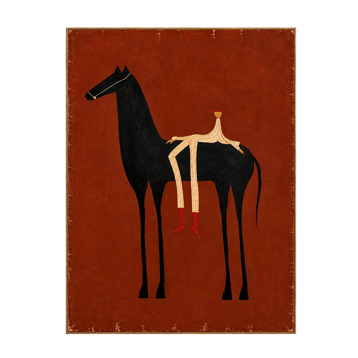 Cream Rider and Black Horse on Rust Red Wall Art | Olyrel