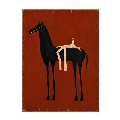 Cream Rider and Black Horse on Rust Red Wall Art | Olyrel
