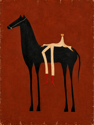 Cream Rider and Black Horse on Rust Red Wall Art artwork view | Olyrel