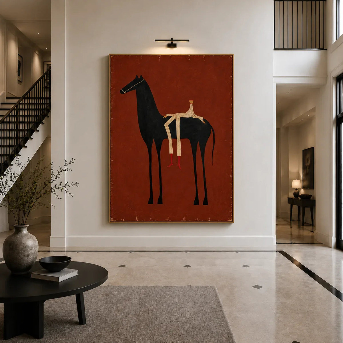 Cream Rider and Black Horse on Rust Red Wall Art styled interior scene 1 | Olyrel