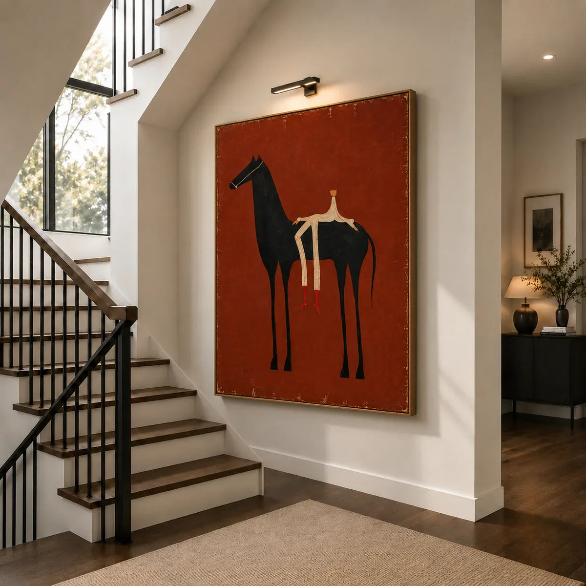 Cream Rider and Black Horse on Rust Red Wall Art styled interior scene 2 | Olyrel