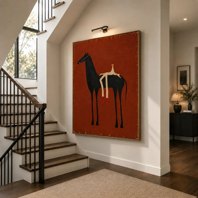 Cream Rider and Black Horse on Rust Red Wall Art styled interior scene 2 | Olyrel