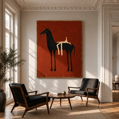 Cream Rider and Black Horse on Rust Red Wall Art styled interior scene 4 | Olyrel