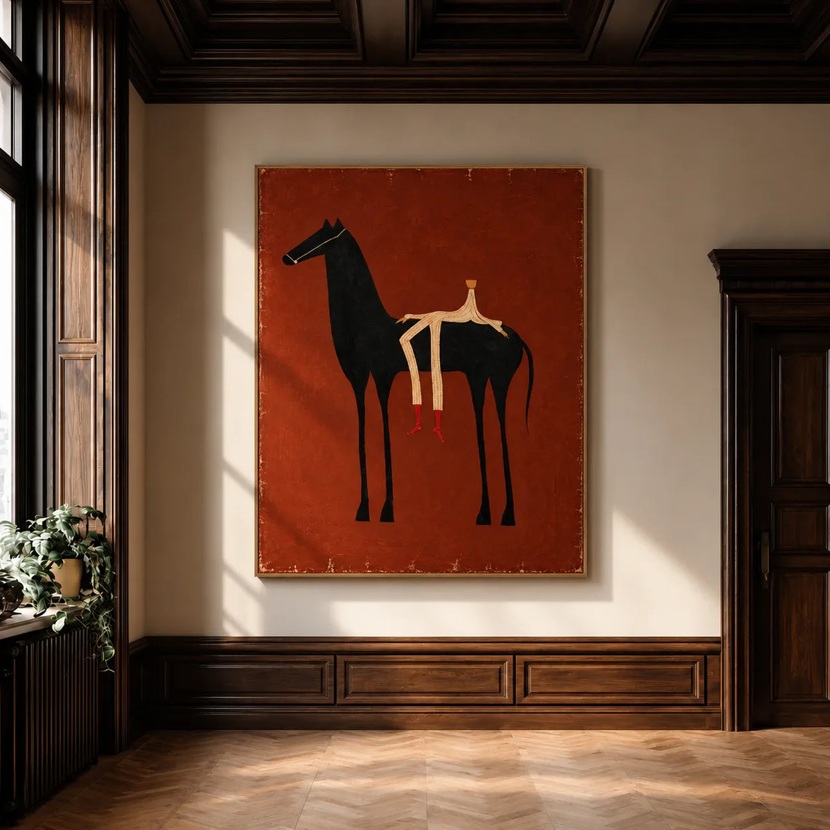 Cream Rider and Black Horse on Rust Red Wall Art styled interior scene 5 | Olyrel